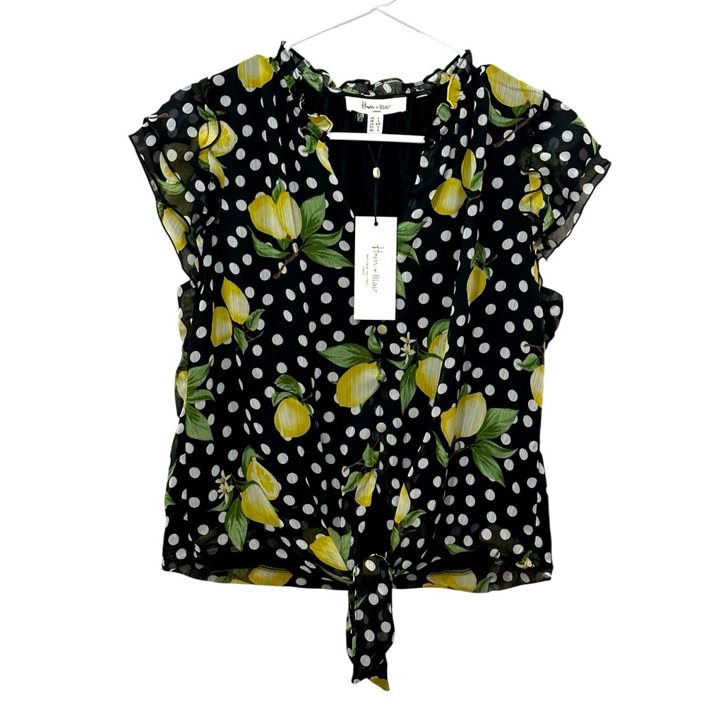 Haver & Blair Tie Front Ruffle Sleeve Lemon Floral Blouse Small NWT